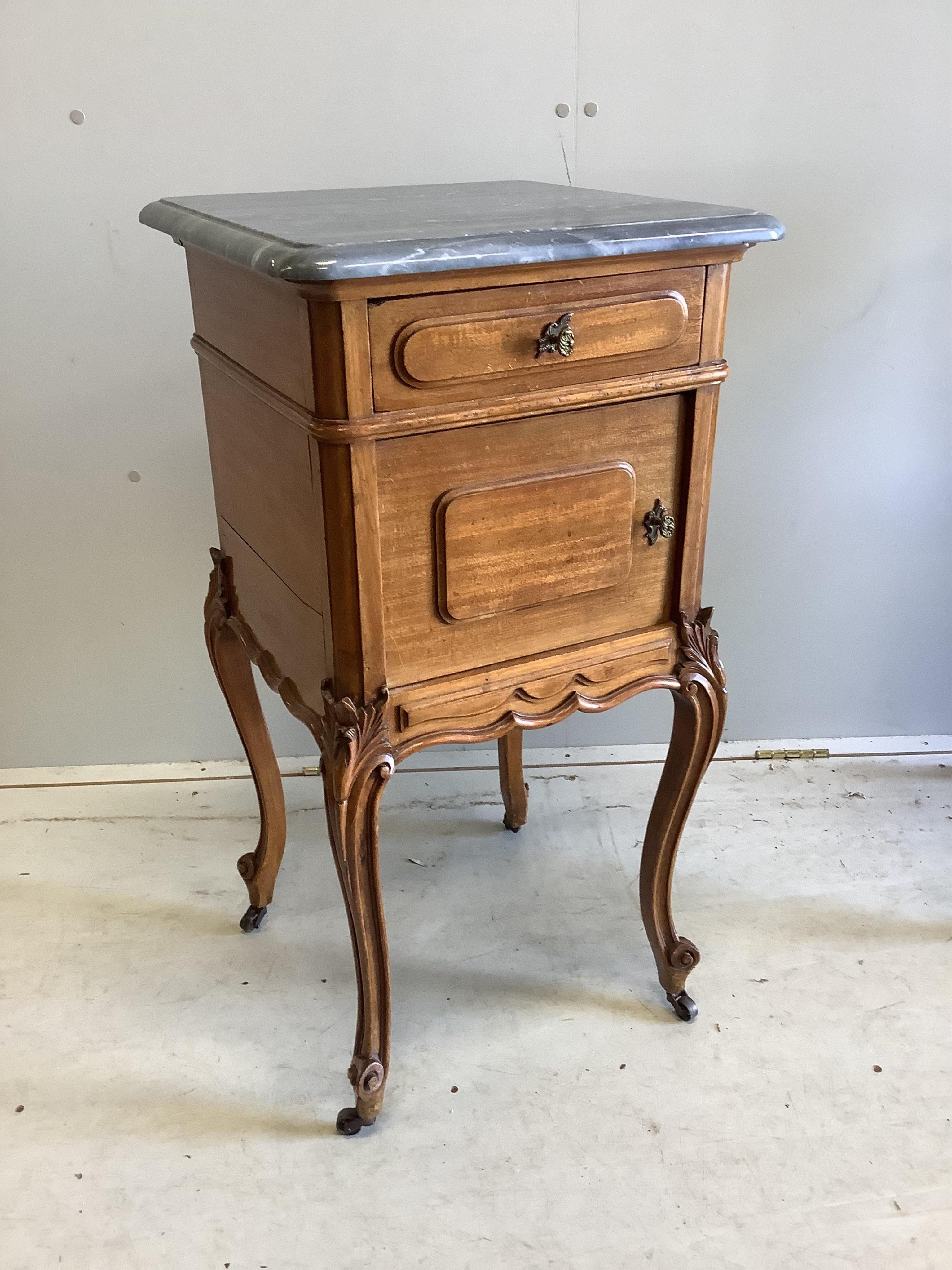 A pair of late 19th / early 20th century French mahogany marble top bedside cabinets, width 43cm, depth 43cm, height 83cm. Condition - good